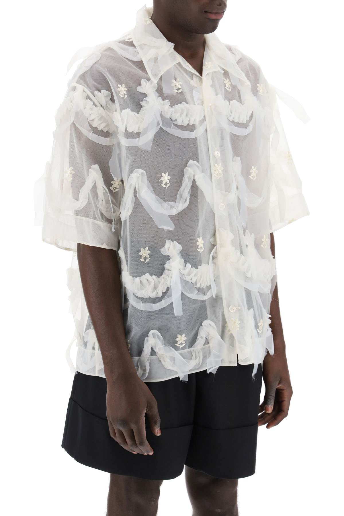 White Tulle Embroidered Shirt for Men