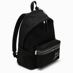 Black City Backpack with Embroidered and Leather Trim - Men's Fashion Item