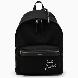 Black City Backpack with Embroidered and Leather Trim - Men's Fashion Item