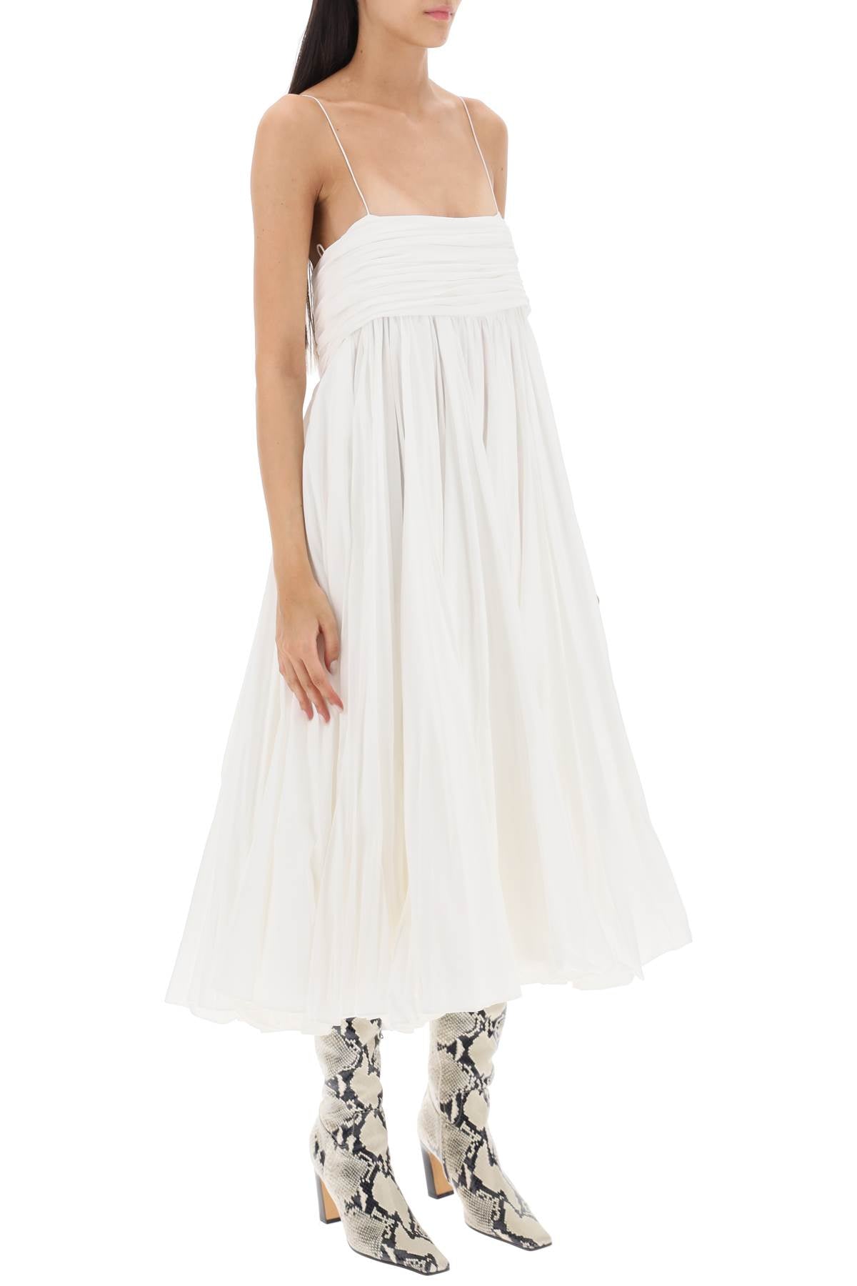 棉質白色女性迷綺Midi裙 - 帝國腰帶圓形半身裙、雪紡束胸設計、輕薄肩帶
