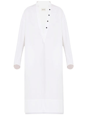 KHAITE White Cotton Tunic Dress - V-Neck Shift Style with Button Detailing and Side Slits for Women