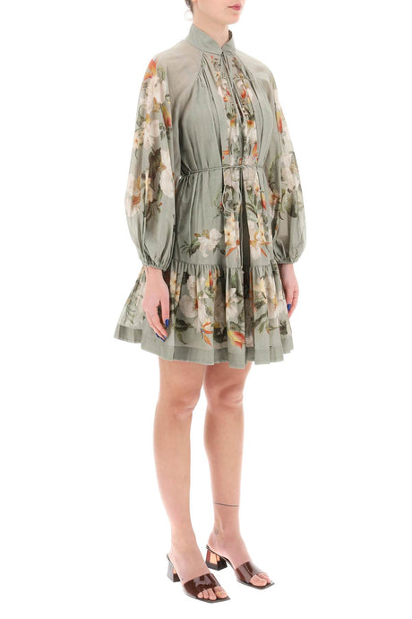 ZIMMERMANN Floral Mini Dress with Billow Sleeves and Self-Tie Belt