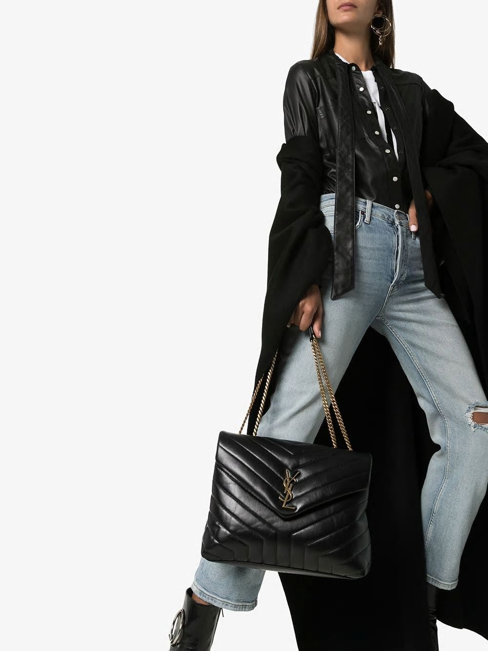 SAINT LAURENT Elegant Medium Loulou Chain Black Leather Handbag for Women, 30x23x11.5 cm