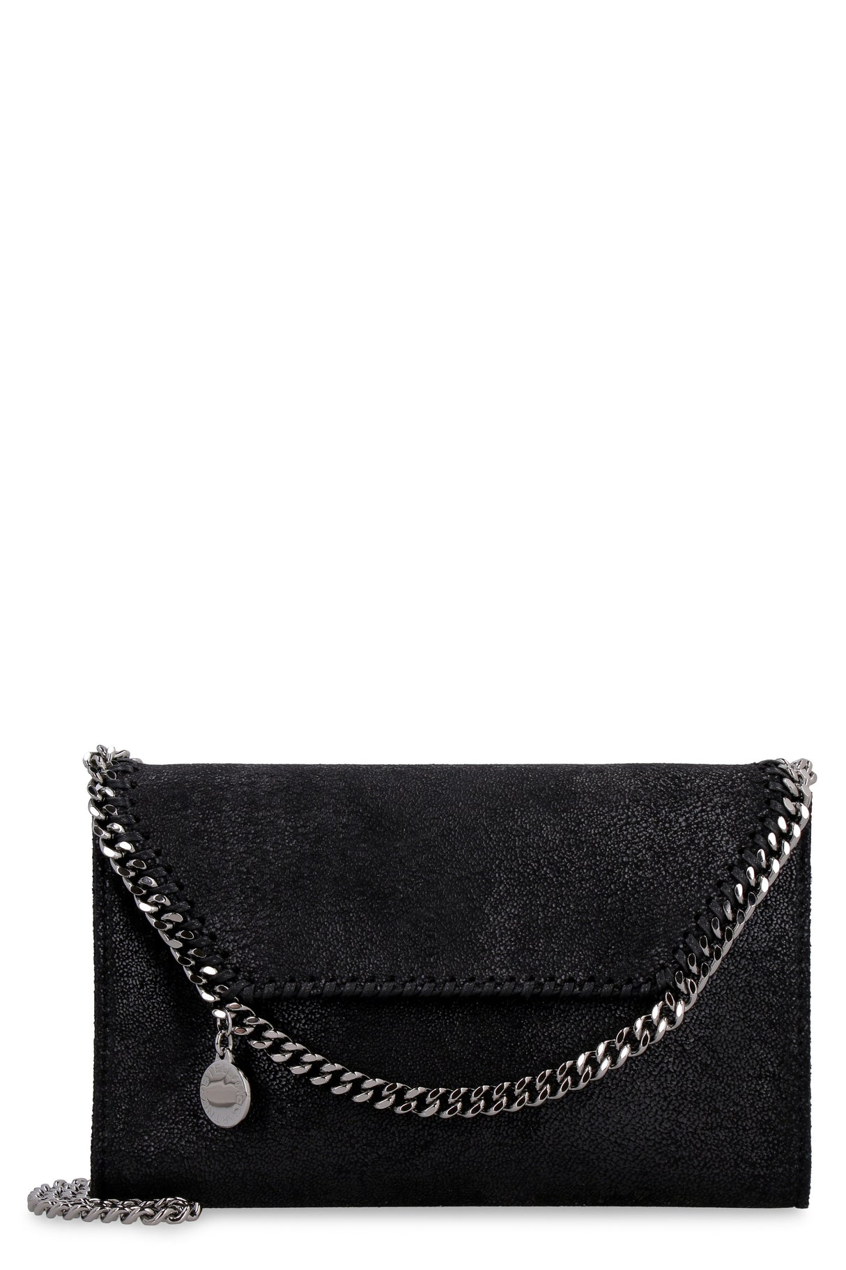STELLA MCCARTNEY Mini Black Faux Leather Crossbody Bag with Silver Chain Detail
