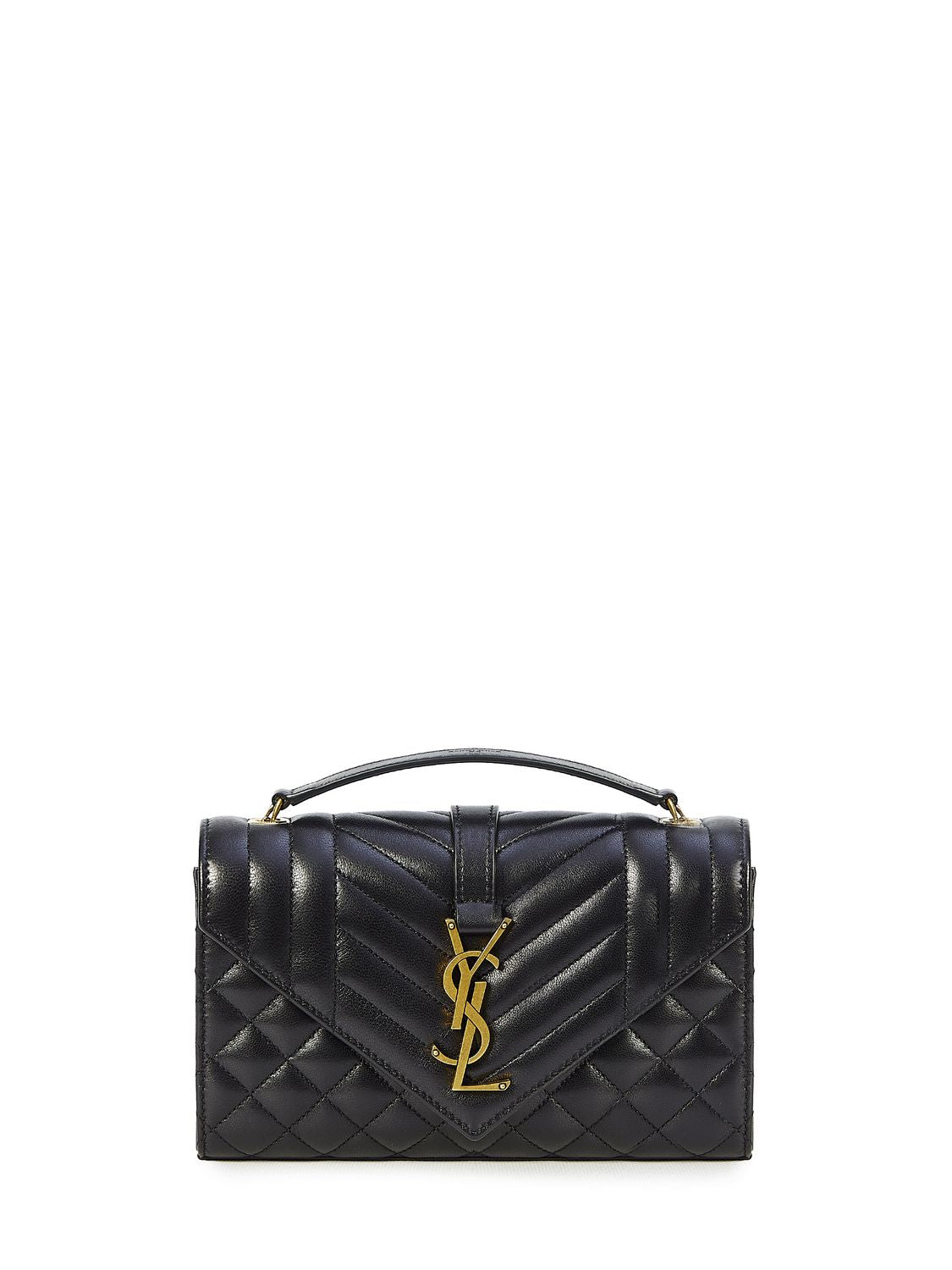SAINT LAURENT Black Mini Envelope Handbag in Quilted Lambskin with Bronze YSL Monogram, 21x13x5.5 cm