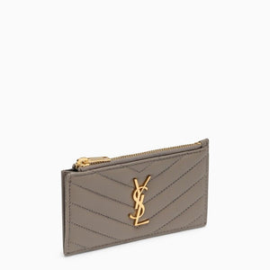 SAINT LAURENT Grey Quilted Credit Card Holder with Gold-Tone Hardware
