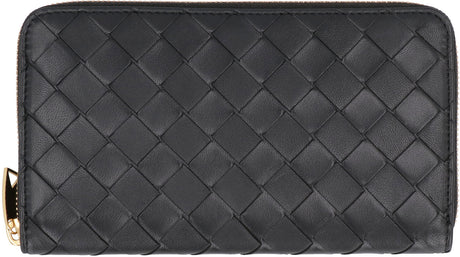 Black Intrecciato Leather Zip-Around Wallet for Women