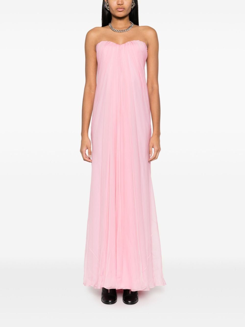 高級シルク製ストラップレスドレス - ピンク＆パープル
