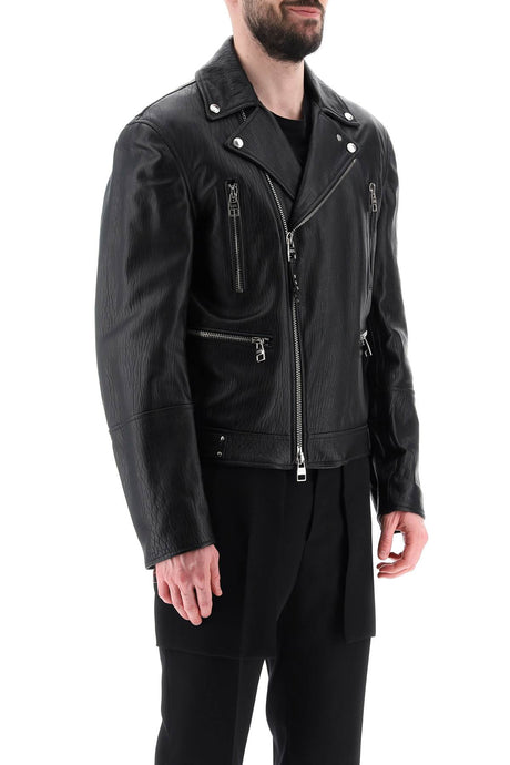 男士黑色羊皮摩托夹克：不对称拉链，多功能口袋