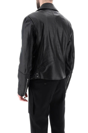 男士黑色羊皮摩托夹克：不对称拉链，多功能口袋