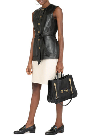 GUCCI Women's Black Leather Long Vest with GG Logo Buttons and Coordinated Waist Belt