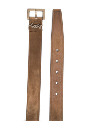 Sleek Brown Men's Leather Belt with Logo Plaque Detail