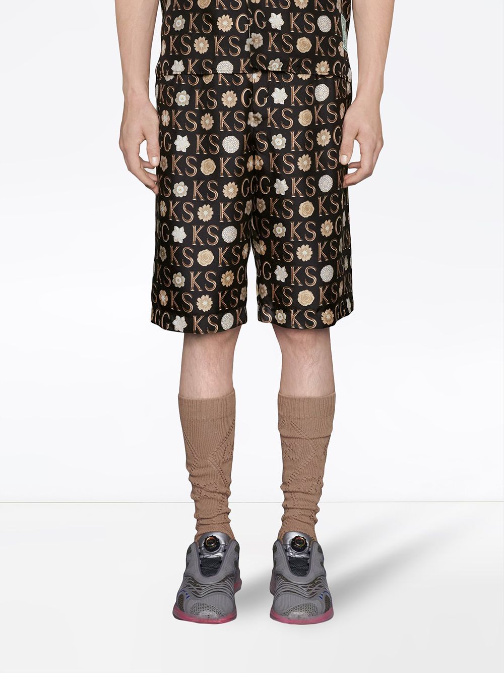 GUCCI Men's Printed Silk Shorts with Elastic Waist Insert