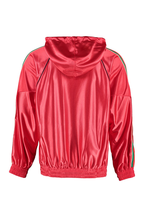 GUCCI Men's Red Mesh Lined Hooded Sweatshirt with Green-Red-Green Web Detail