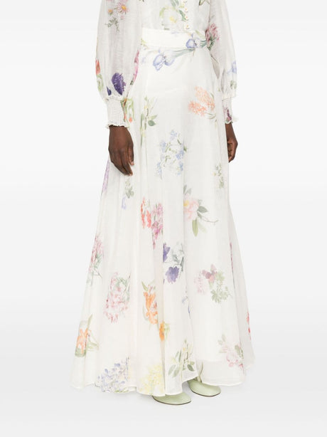 ZIMMERMANN Floral Print Linen and Silk Blend Maxi Skirt for Women - White