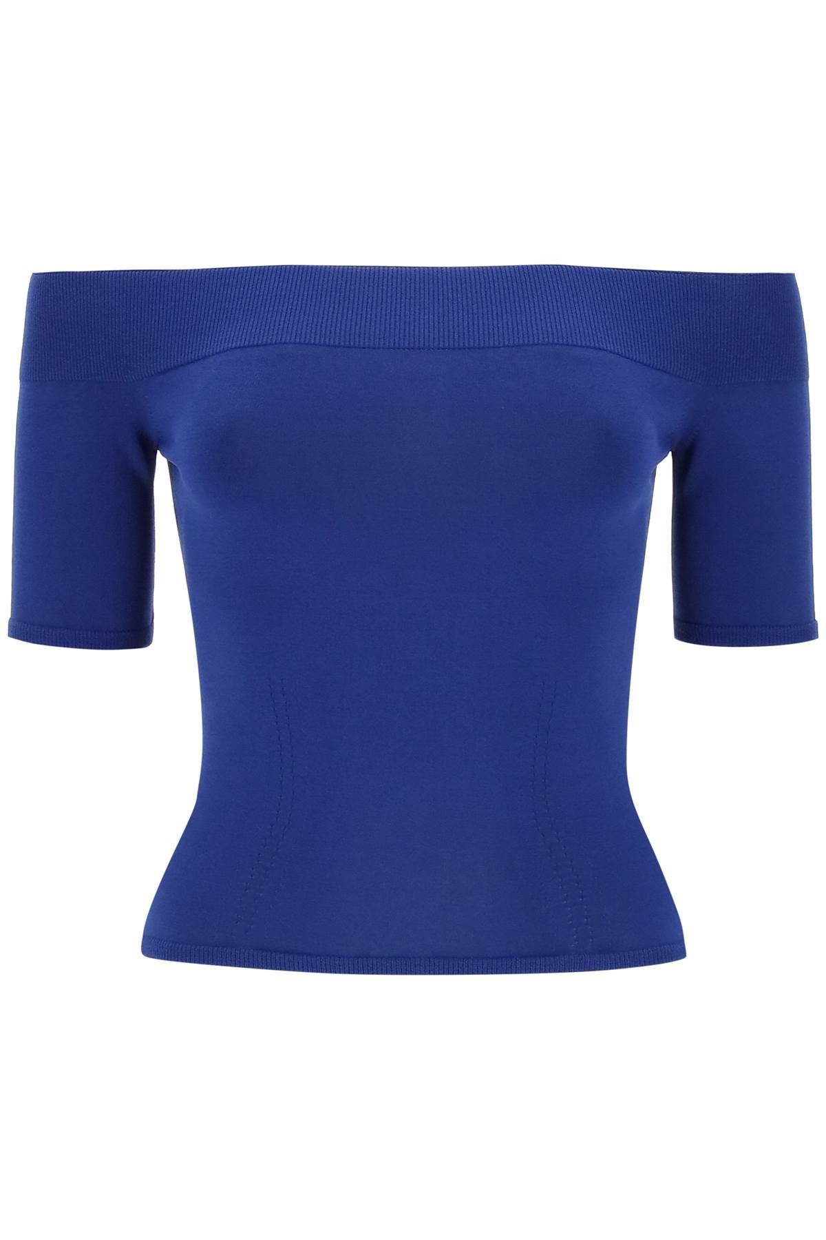 藍色女裝無肩褶邊短袖上衣-S24系列