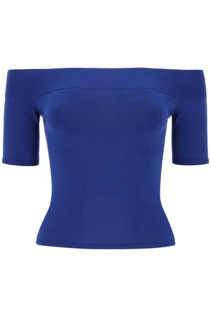藍色女裝無肩褶邊短袖上衣-S24系列
