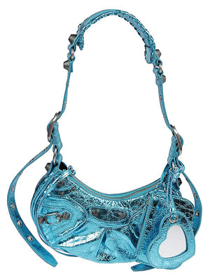 Blue Leather Shoulder Bag with Adjustable Strap and Removable Clutch for Women