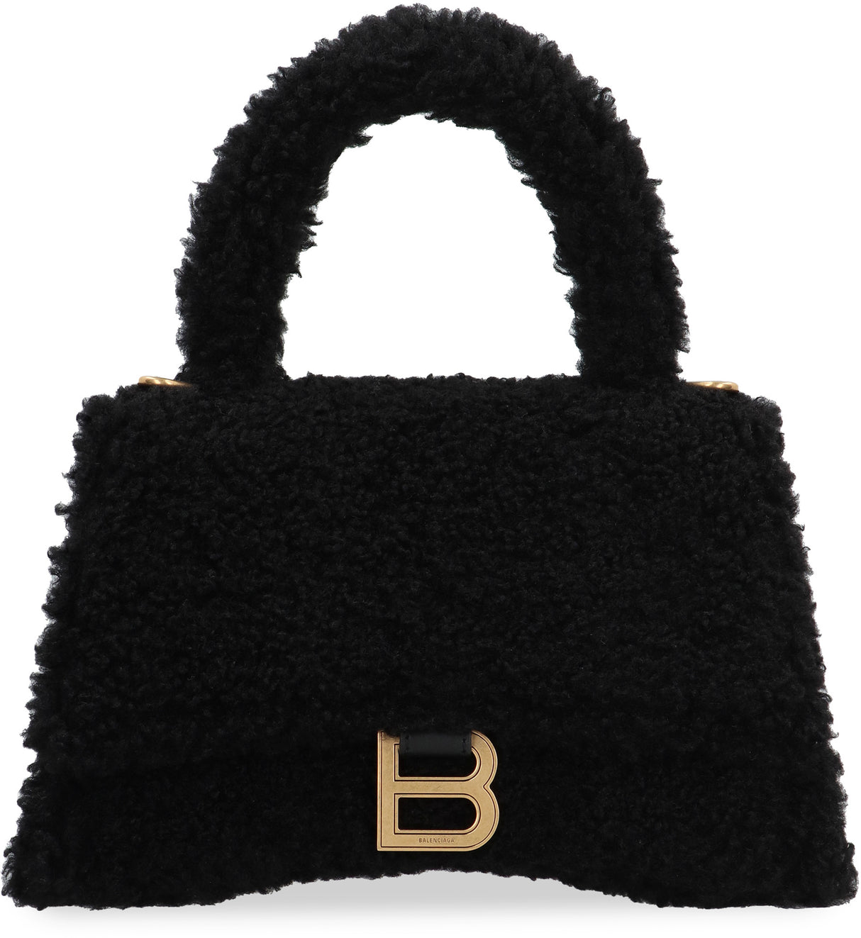 黑色假羊毛手提包，磁性扣和手柄設計