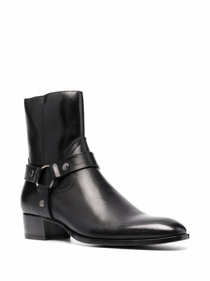 Men's Black Leather Ankle Boots with Harness Detail