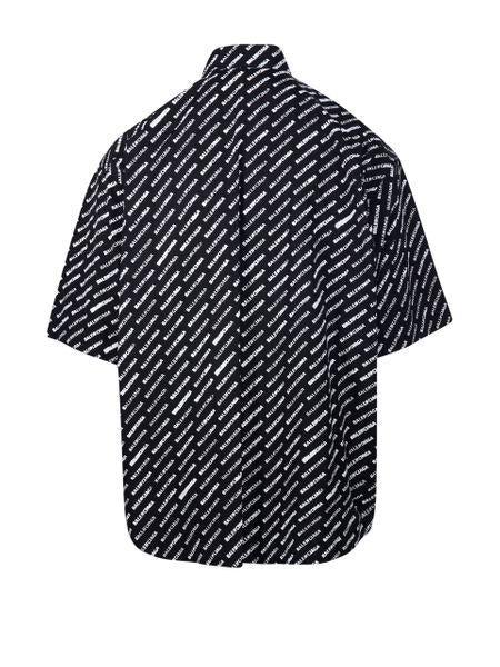 BALENCIAGA Black Logo Print Cotton Button-Down Shirt for Men