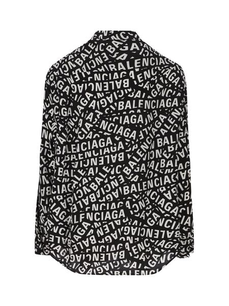 BALENCIAGA MEN'S LUXURY ALL-OVER LOGO PRINTED BUTTONED SHIRT IN BLACK GREY FOR FW23