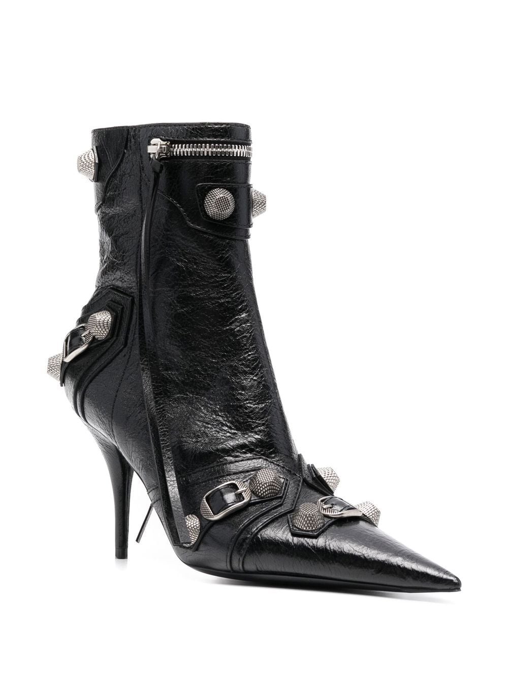 Women's Black Pointed Toe Leather Ankle Boots with Stud, Tassel, and Zip Detailing
