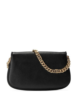 GUCCI Black Leather Shoulder Handbag with Gold Interlocking GG
