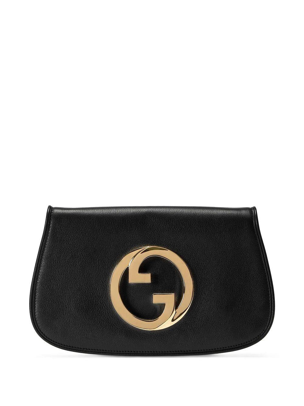 GUCCI Black Leather Shoulder Handbag with Gold Interlocking GG