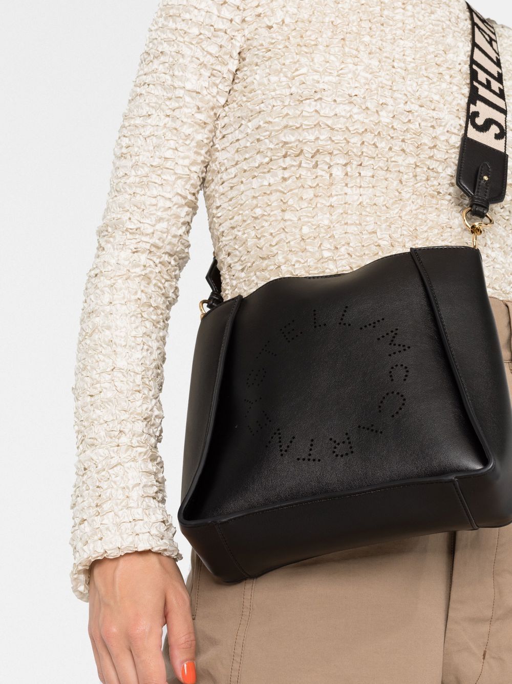 STELLA MCCARTNEY Mini Black Faux Leather Crossbody Bag with Perforated Logo and Gold-Tone Accents