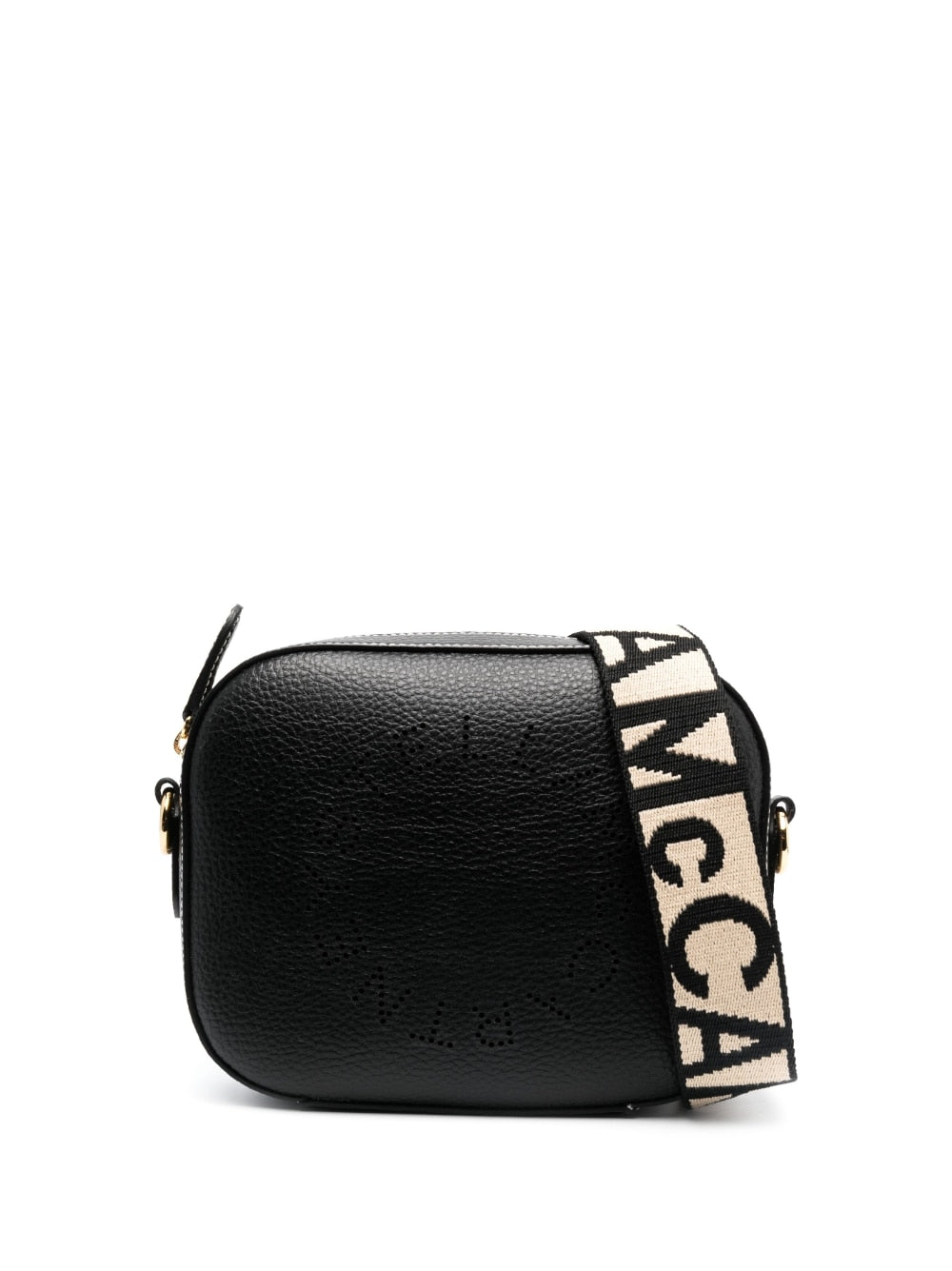 STELLA MCCARTNEY Mini Stella Logo Black Faux Leather Crossbody Handbag with Gold-Tone Accents