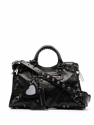 BALENCIAGA Black Leather Tote Handbag with Decorative Studs and Pouch for Women