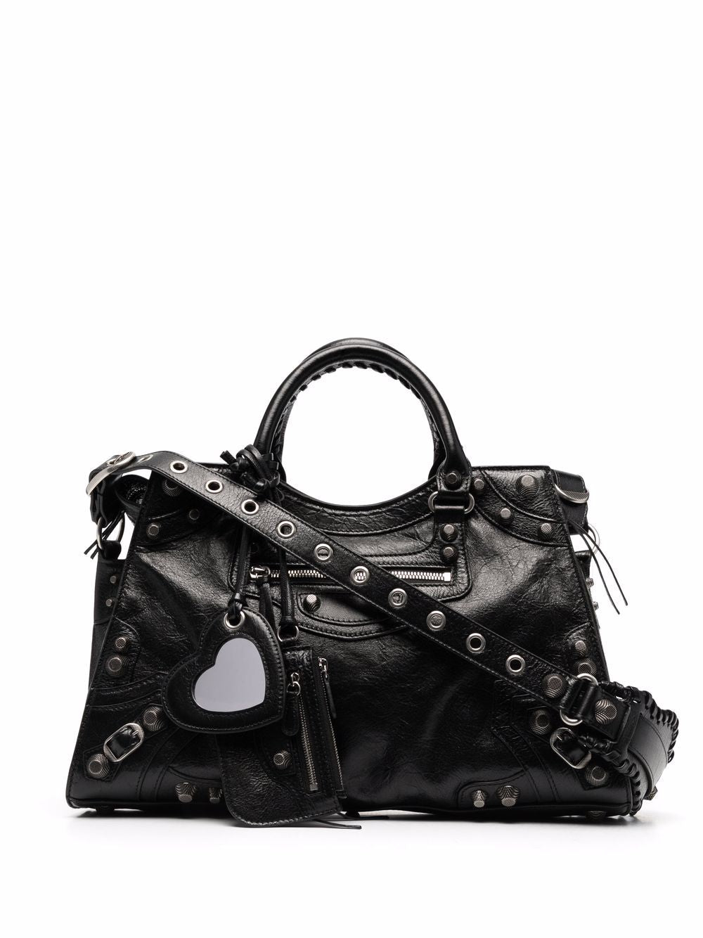 BALENCIAGA Hand-Braided Black Leather Shoulder Bag with Zip Closures and Detachable Mirror for Women