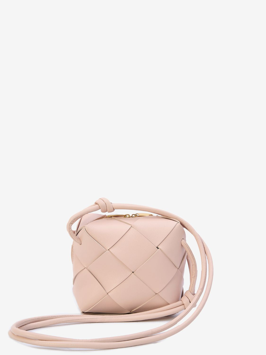 BOTTEGA VENETA Mini Pink Lambskin Crossbody Bag with Intrecciato Motif and Knotted Strap - 5.7"x5.7"x3"