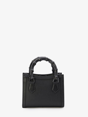 GUCCI Black Grained Leather Mini Handbag with Enameled Bamboo Handles and Adjustable Straps, 19.5x15x10 cm