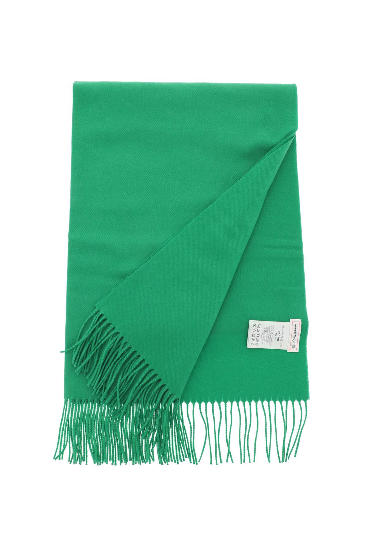 绣有标识和拼边的绿色羊绒围巾