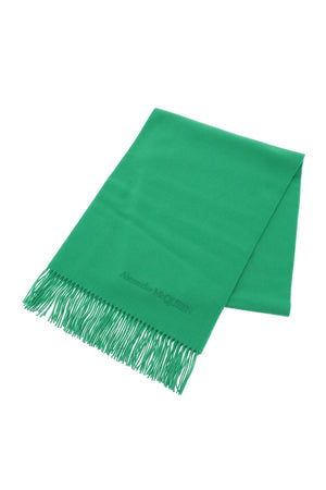 綠色毛絨羊絲領巾 with 刺繡商標和脆邊