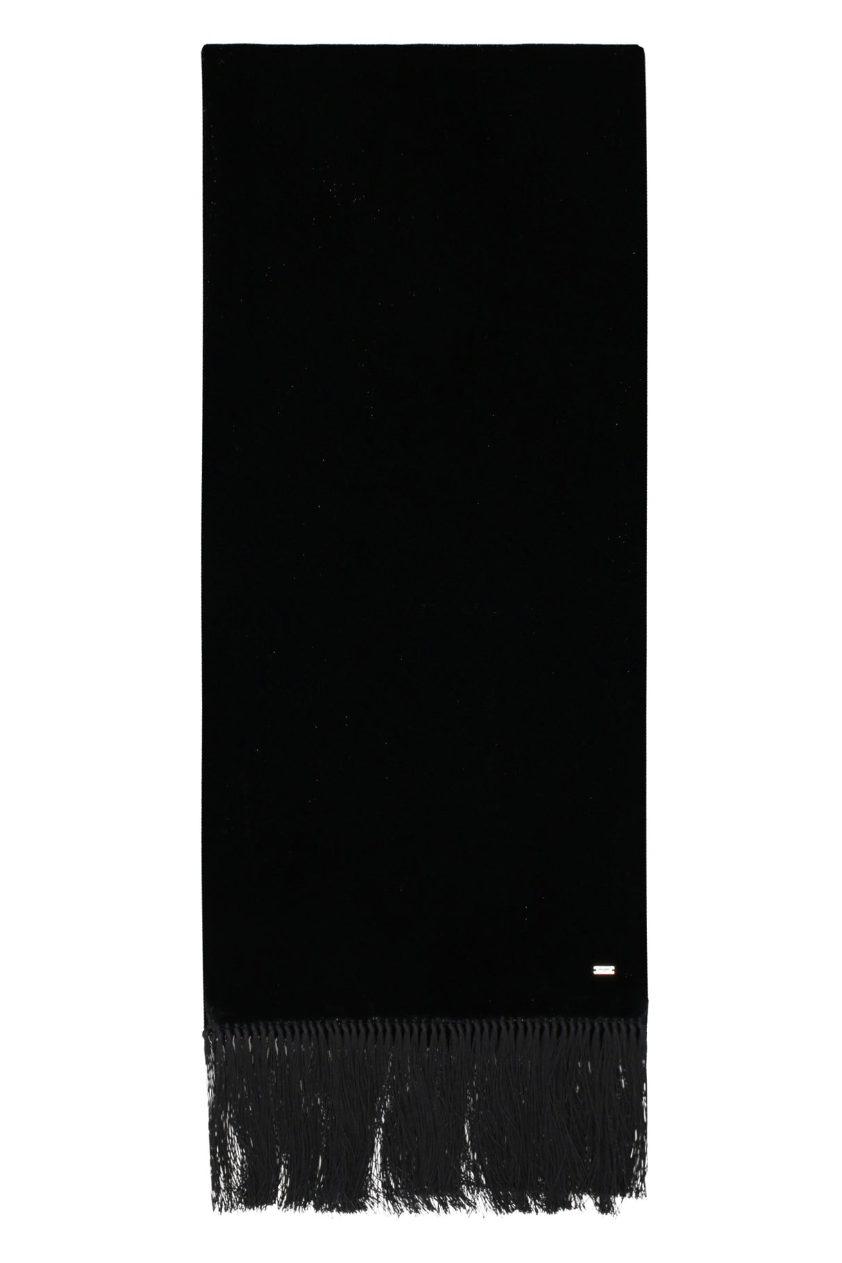 エレガントな黒のフリンジ付きベルベットスカーフ - FW22