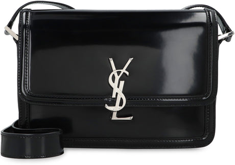 Black Leather Messenger Bag with Flip-Lock Closure and Adjustable Strap