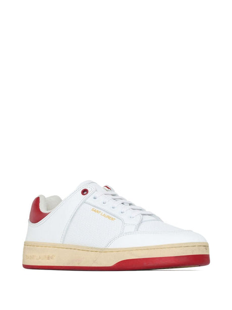 SAINT LAURENT Men's White Grained Calfskin Sneakers with Red Details and Gold-Tone Signature - Size ITA