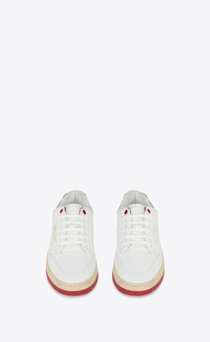 SAINT LAURENT White Grained Calfskin Sneakers for Women with Red and Gold Details