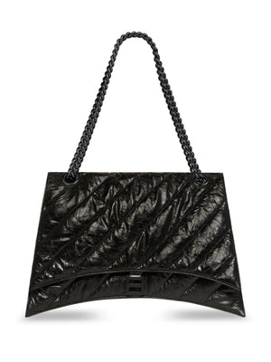 BALENCIAGA Quilted Crush Calfskin Large Handbag with Chain Handle and Metal Logo, Black - 39.9x24.9x12.9 cm