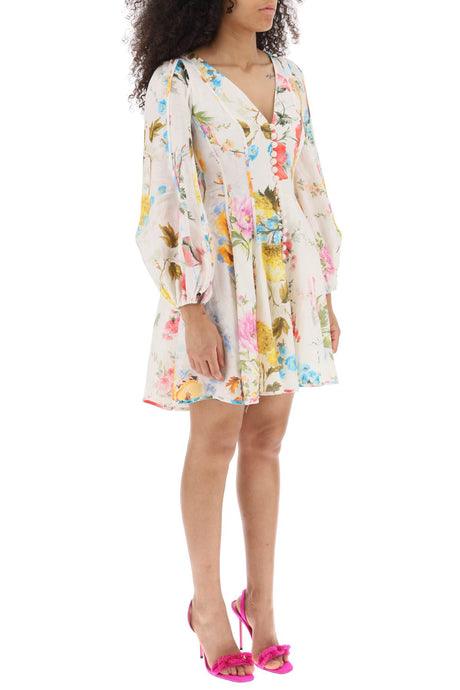 ZIMMERMANN Floral Mini Dress in Pure Linen with Balloon Sleeves and Crochet Detail