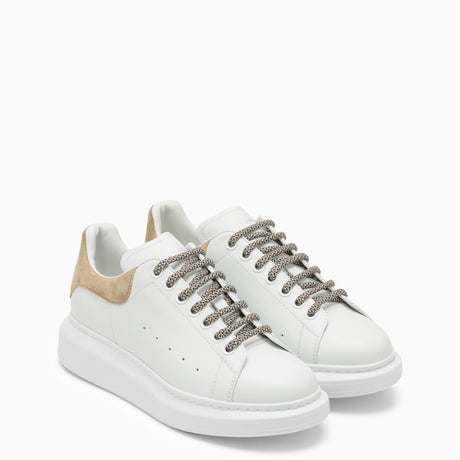 White Leather Low Top Sneakers with Camel Suede Detail