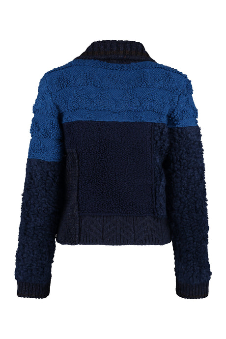 Women's Blue Wool V-Neck Sweater with Patchwork Effect - FW22