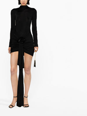 Luxurious Black Velvet Rose-Appliqué Mini Dress