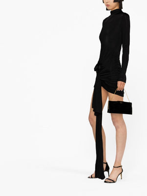 Luxurious Black Velvet Rose-Appliqué Mini Dress