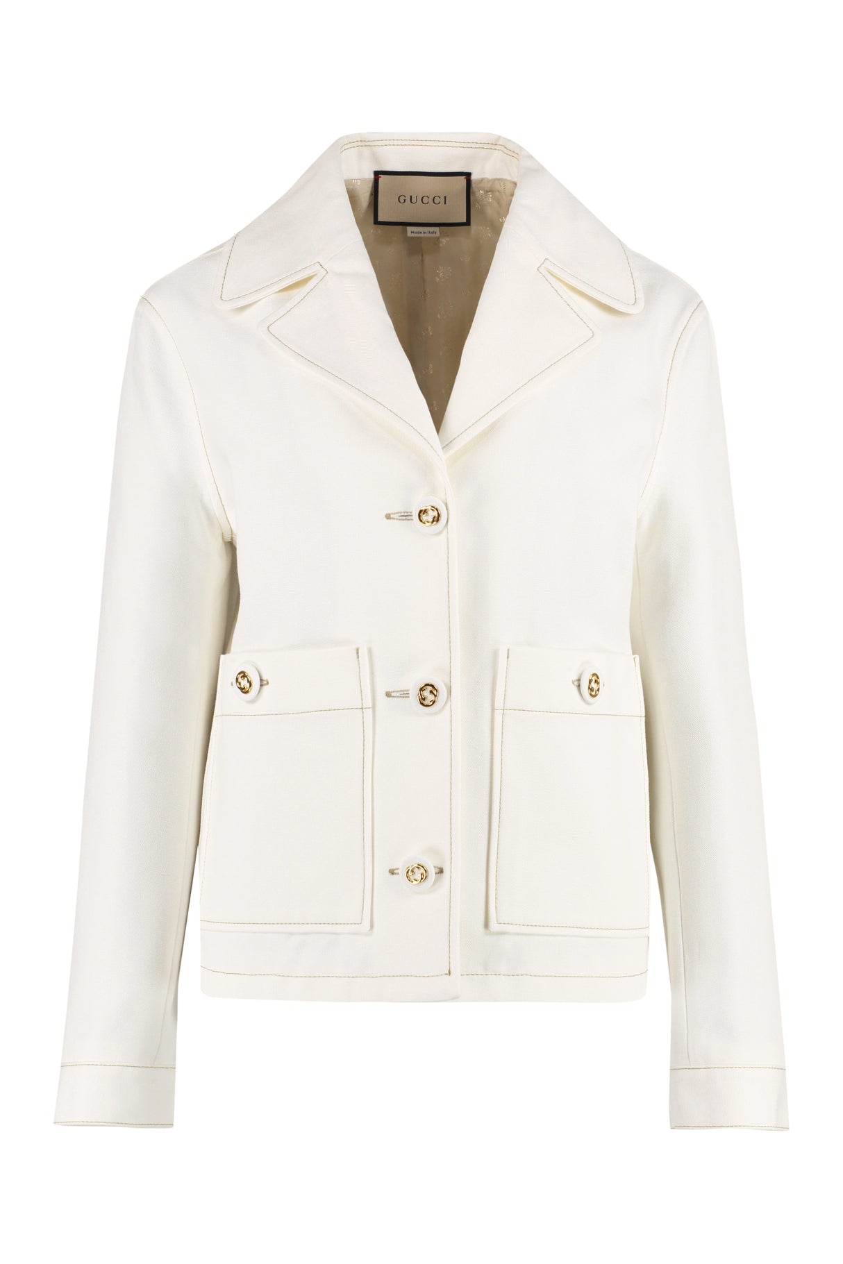 White Canvas Jacket with Contrasting Color Stitching and GG Logo Buttons