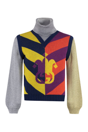 GUCCI Striped Wool Sweater with Logo Intarsia and Lamé Fabric Details for Men