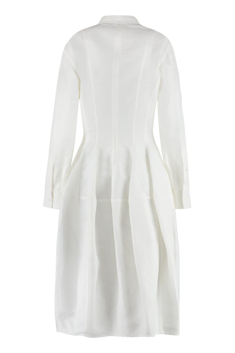 White Roll-Up Sleeve Dress with Buttoned Cuffs and Tight Waist